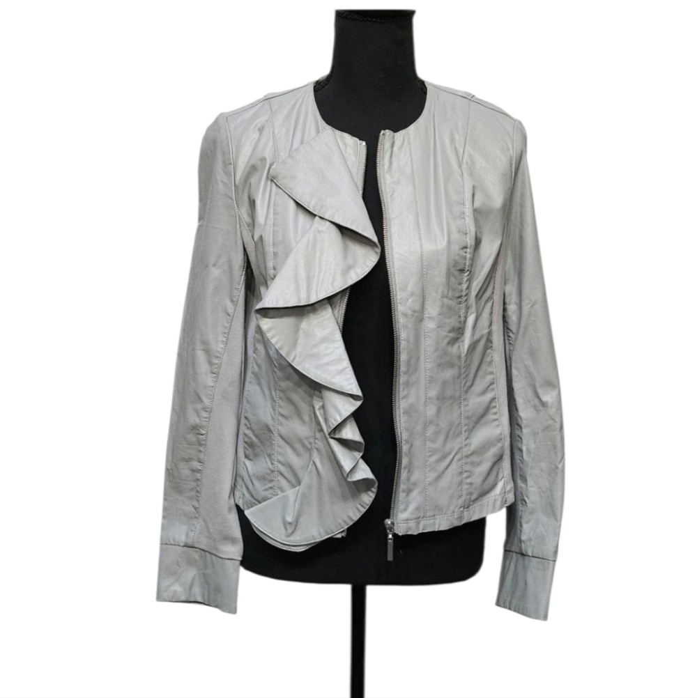 Kut from the Kloth Dahliana Grey Ruffle Faux Leather Moto Zip Up Jacket Sz S